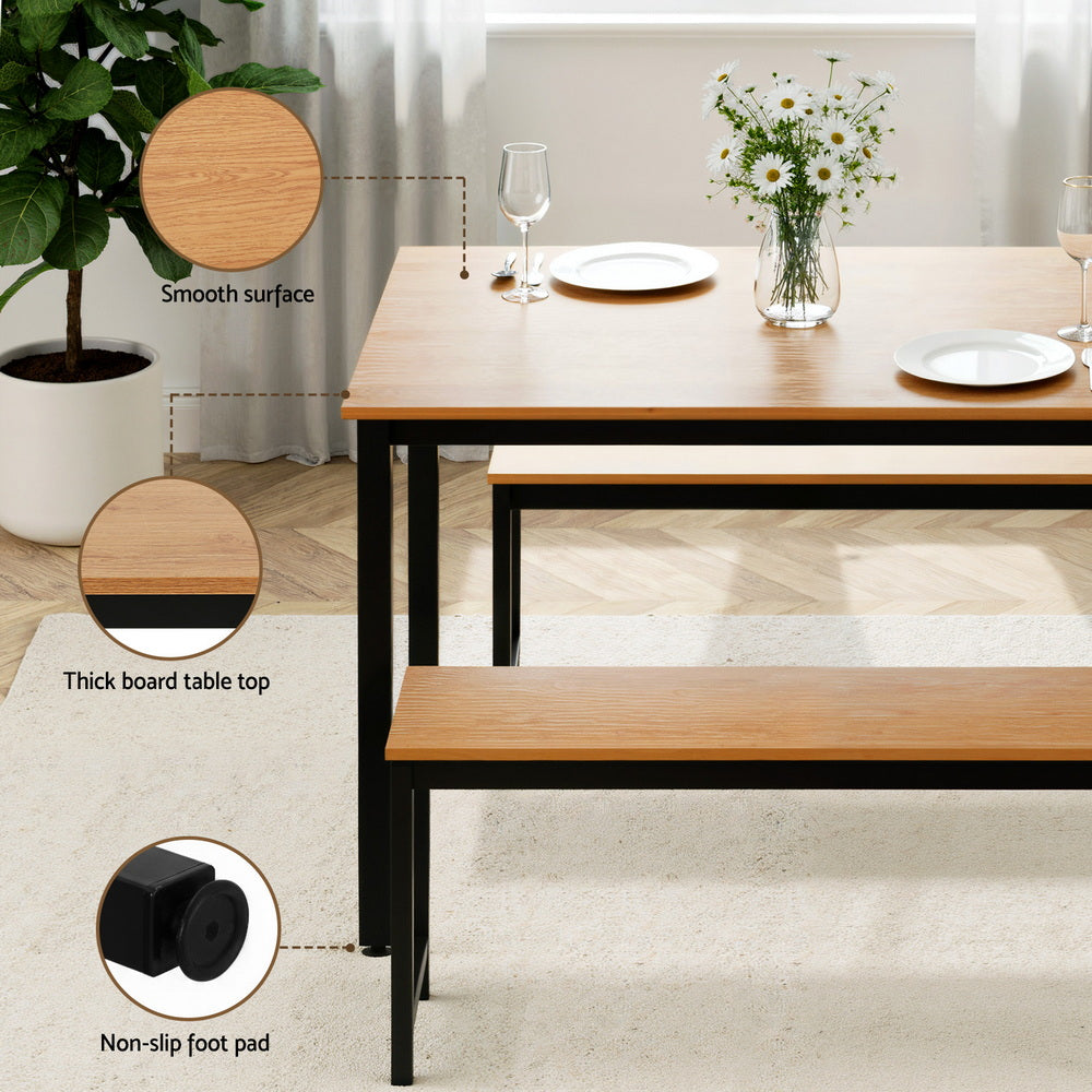 Artiss Dining Table and Chairs Set 3PCS Kitchen Metal Desk Bench Natural Oak