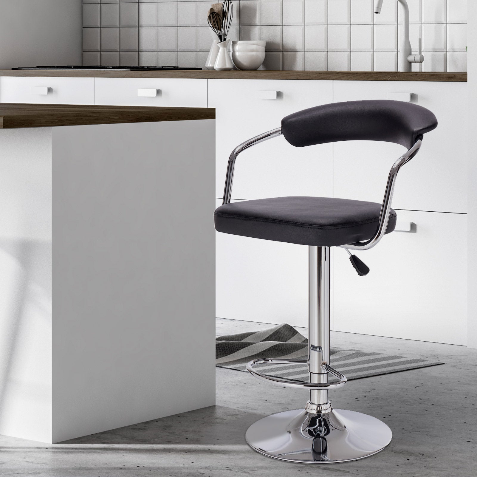 Milano Decor Lola Adjustable Barstool Black Swivel Stool Chrome PU Leather