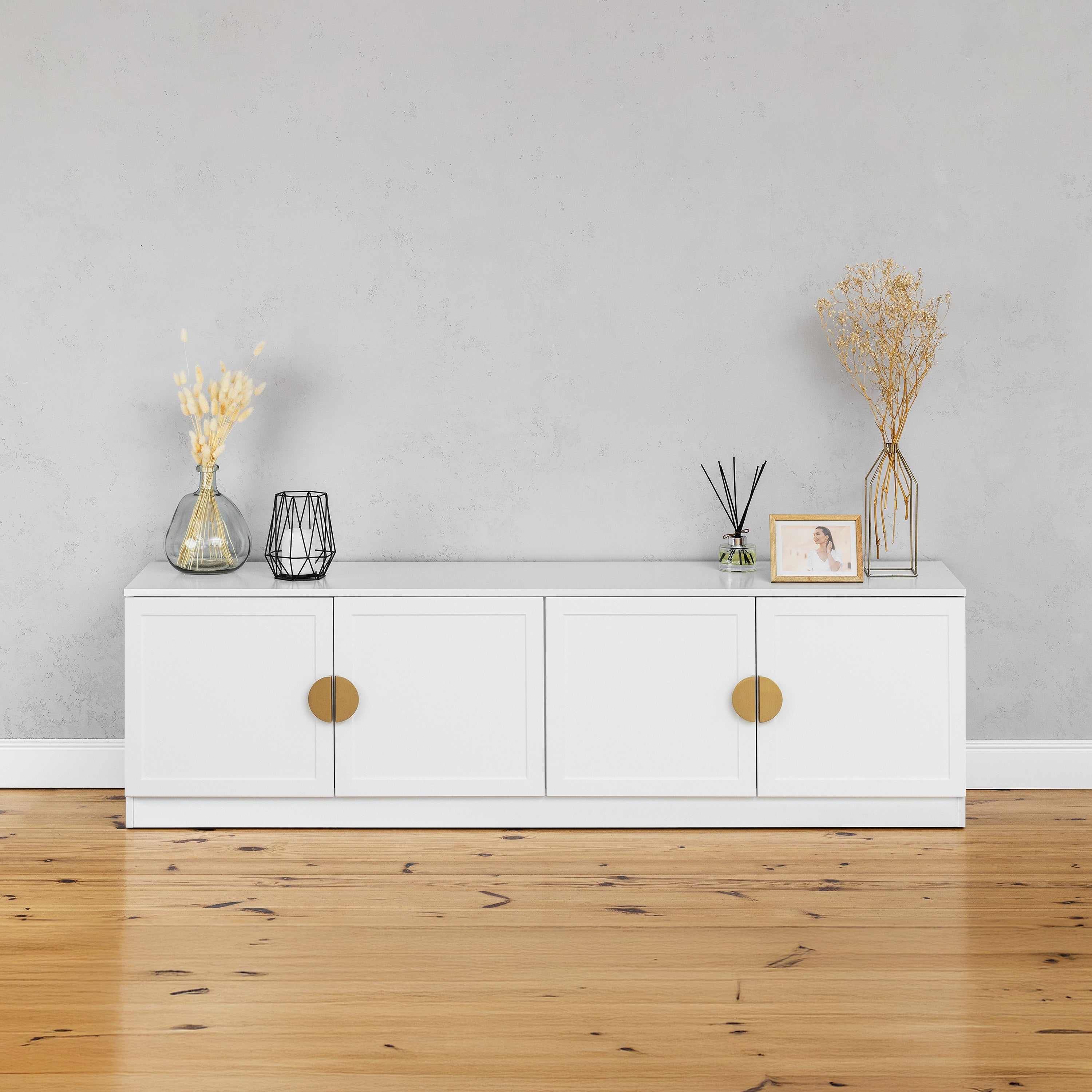 BUCHAREST TV UNIT- WHITE - HAMPTONS - HALF MOON BRASS