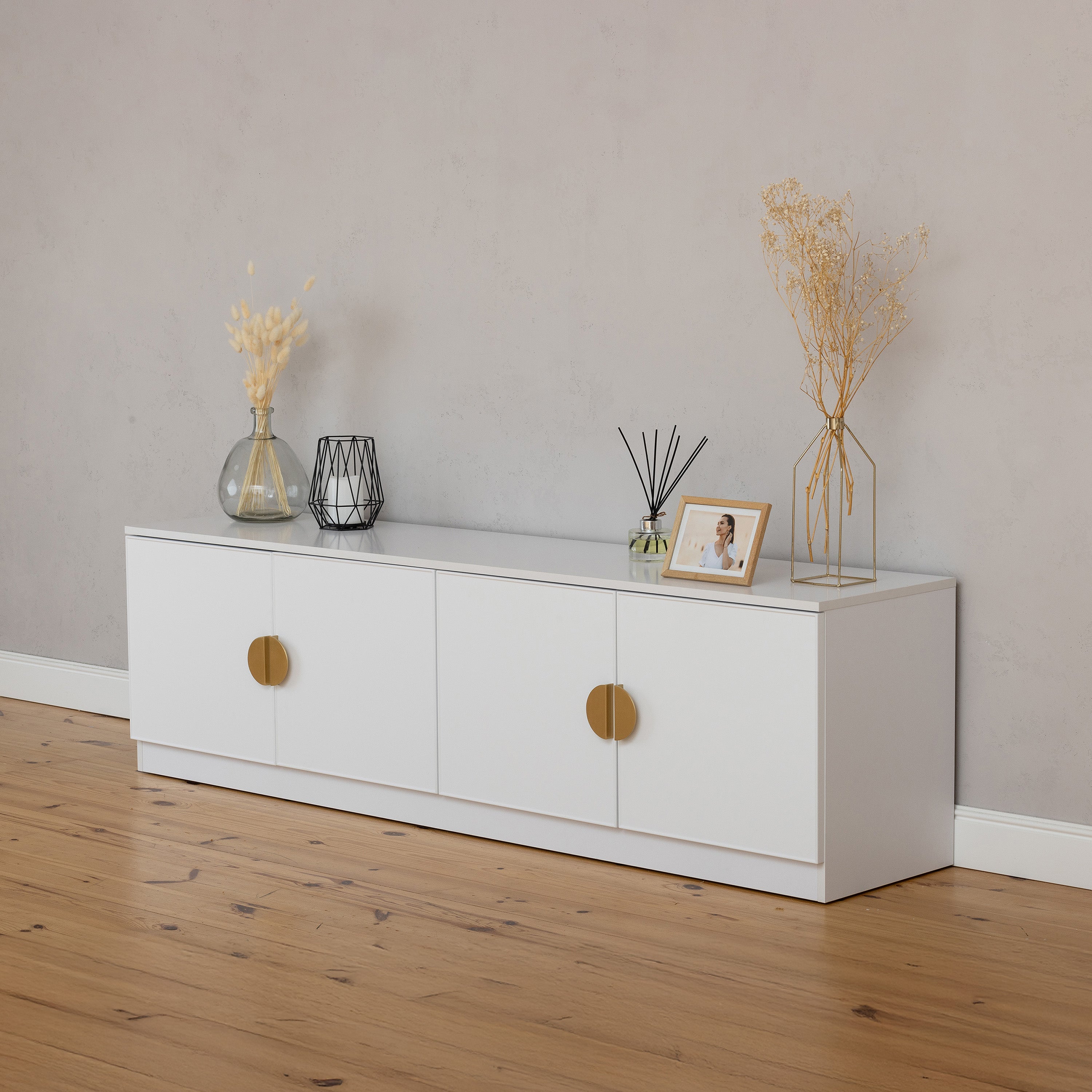 BUCHAREST TV UNIT- WHITE - SLIM - HALF MOON BRASS