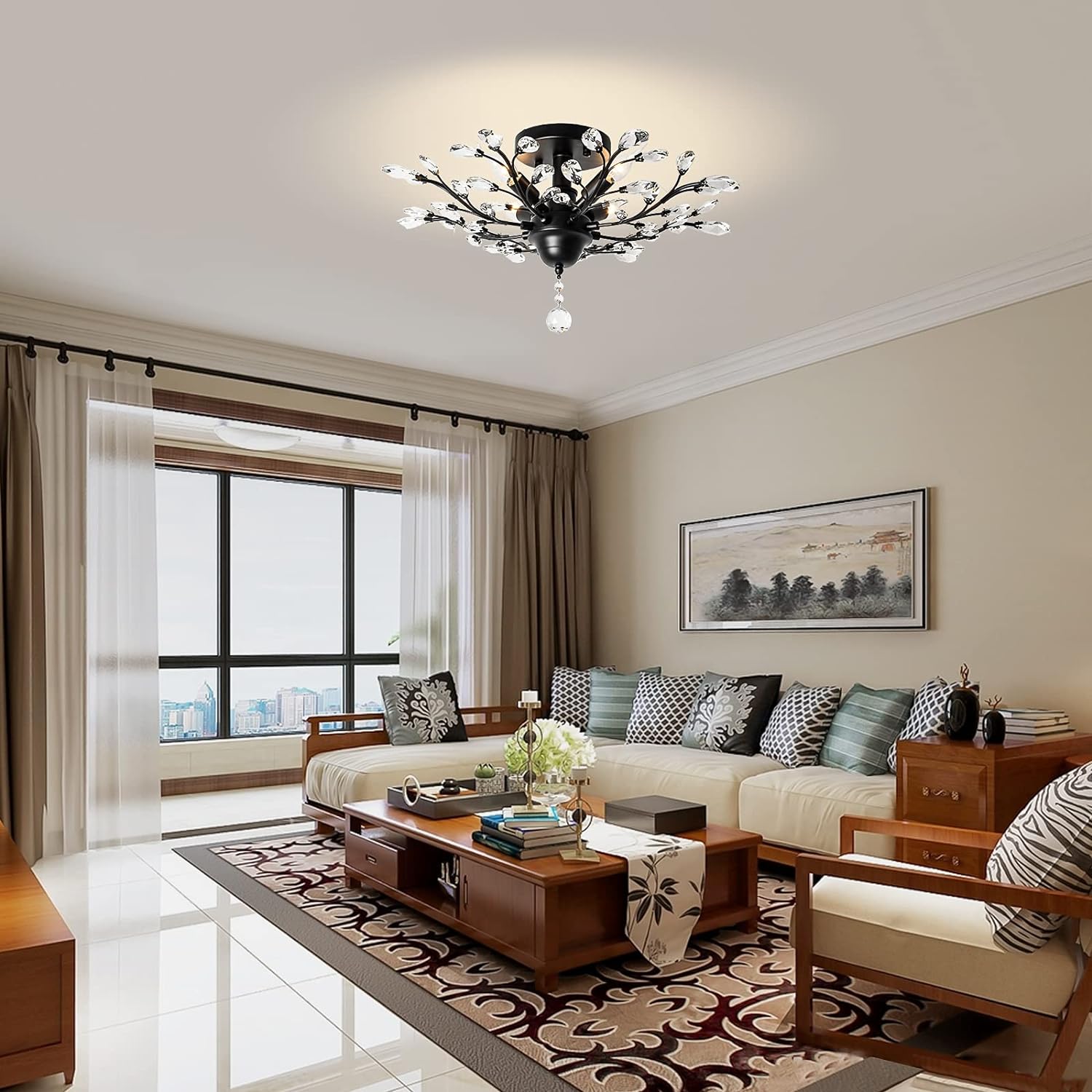 Crystal Chandelier LED Ceiling Light , 4 lights, Black