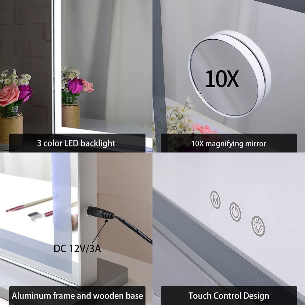 10x Magnification Mirror with Smart Touch Control and 3 Colors Dimmable Light for Bathroom and Bedroom (71 x 57 cm)