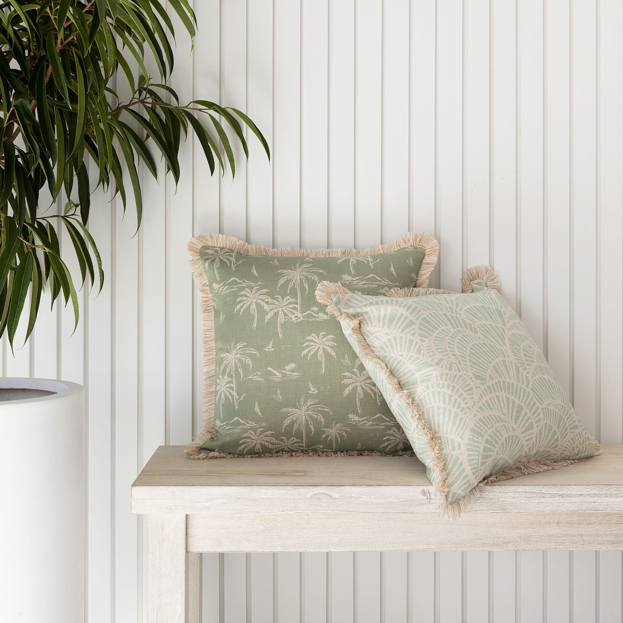 Cushion Cover-Coastal Fringe Natural-Positano Pale Mint-45cm x 45cm
