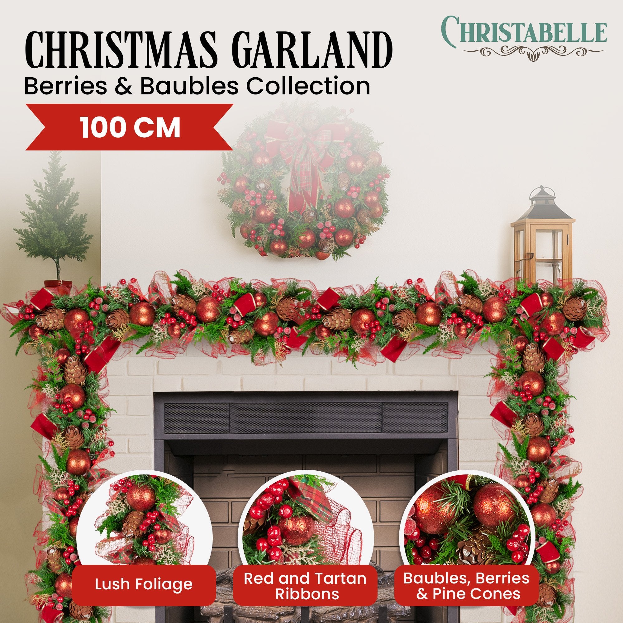 Christabelle 1m Christmas Garland with Red Berries & Pine Cones Baubles Berries Tree Decoration Ornament Red Green