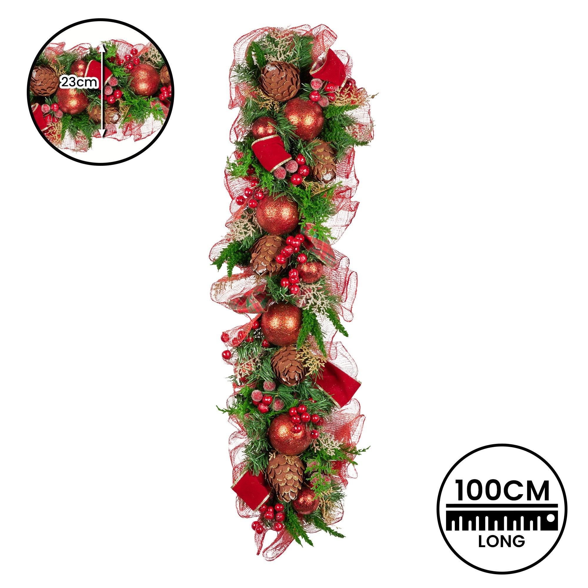 Christabelle 1m Christmas Garland with Red Berries & Pine Cones Baubles Berries Tree Decoration Ornament Red Green