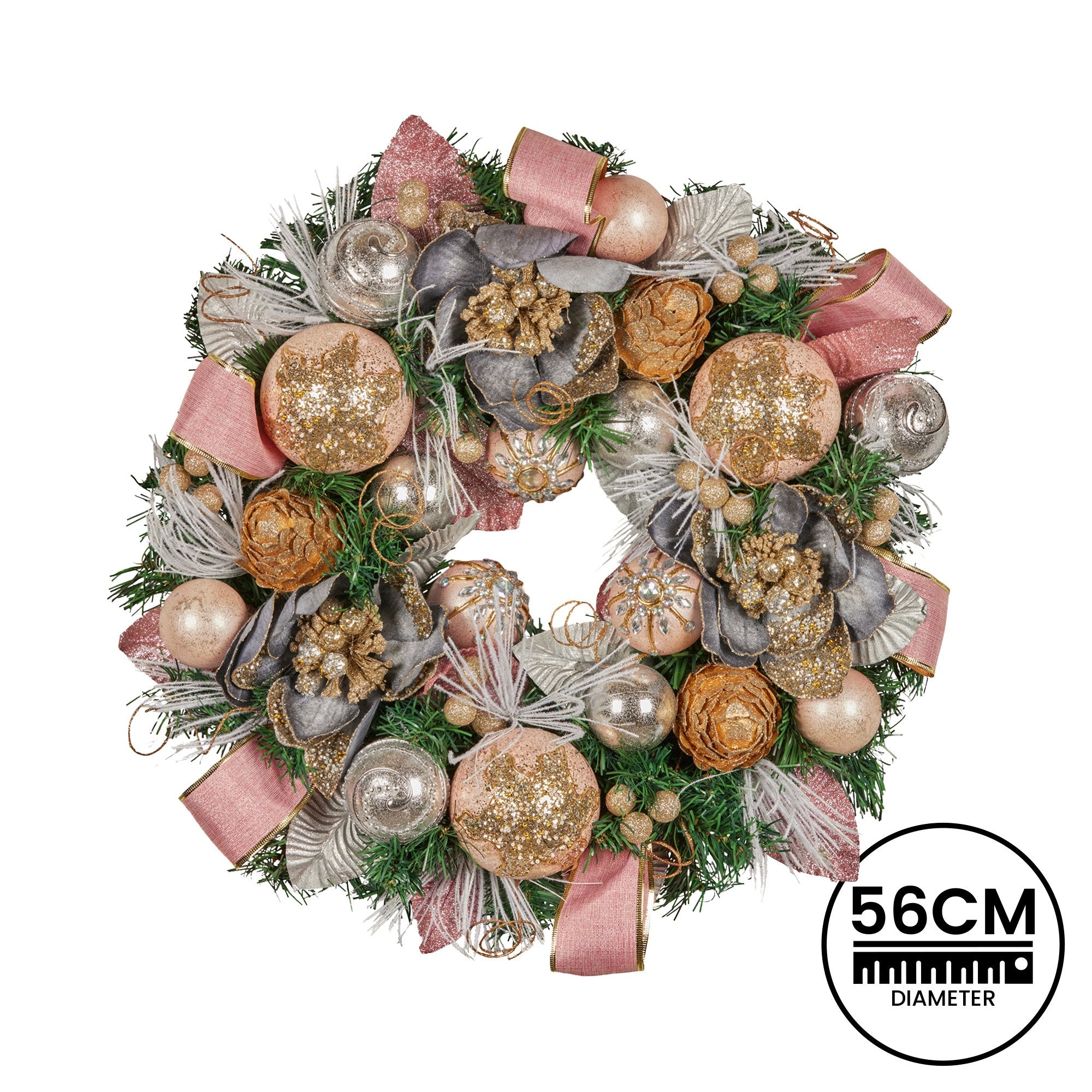 Christabelle 56cm Christmas Wreath Lush Pink Front Door Decoration Jewelled Baubles Flowers Pine Cones Ribbons Ornaments
