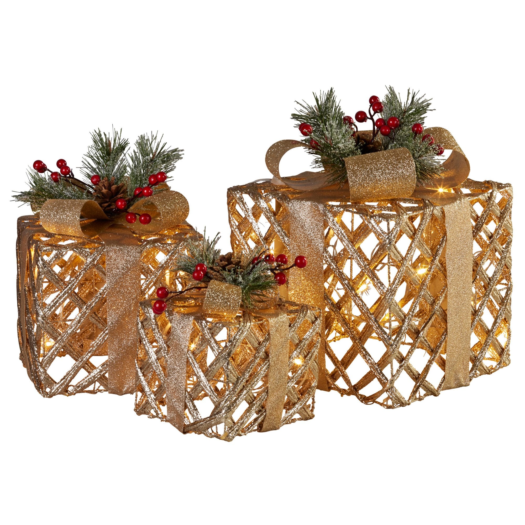 Christabelle Set of 3 Christmas Gift Boxes Display With Lights in Champagne and Gold