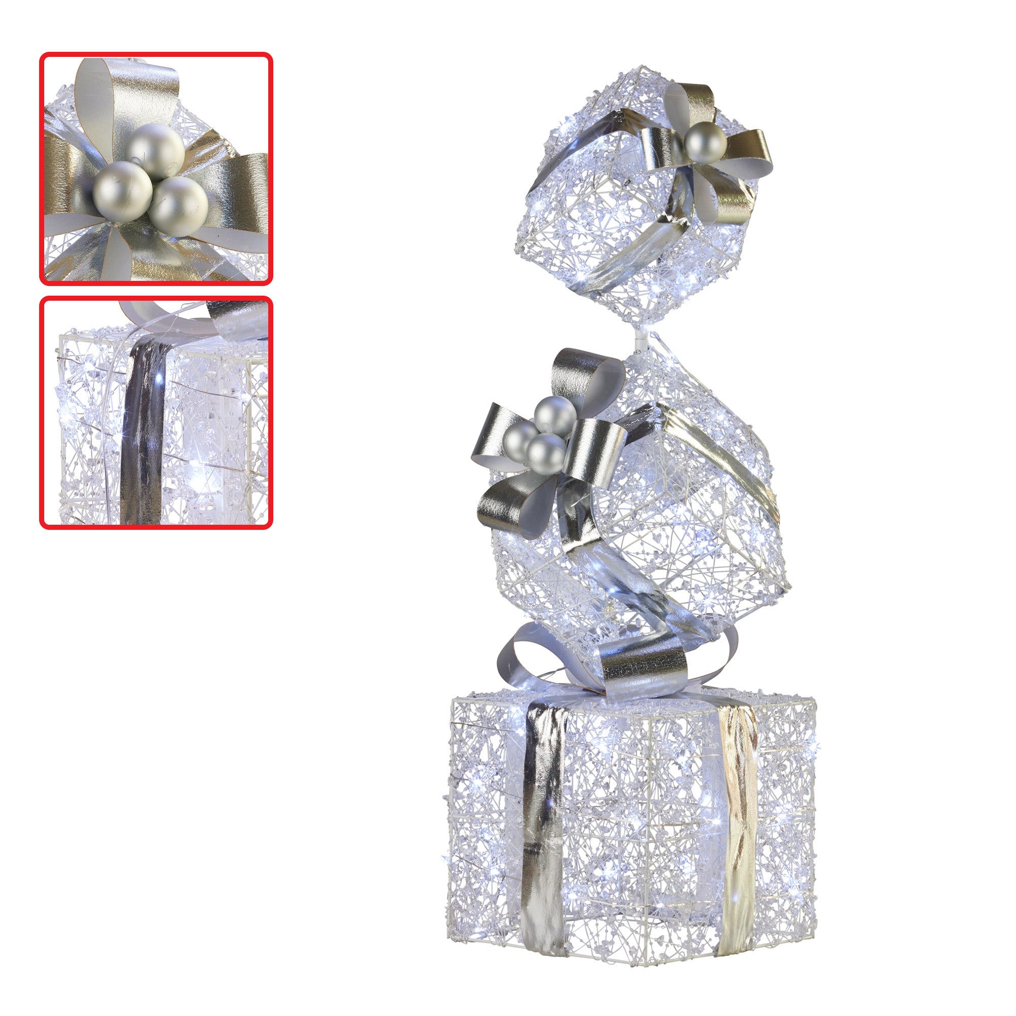 Christabelle 83cm Triple Christmas Silver Giftbox Stack Display with Lights