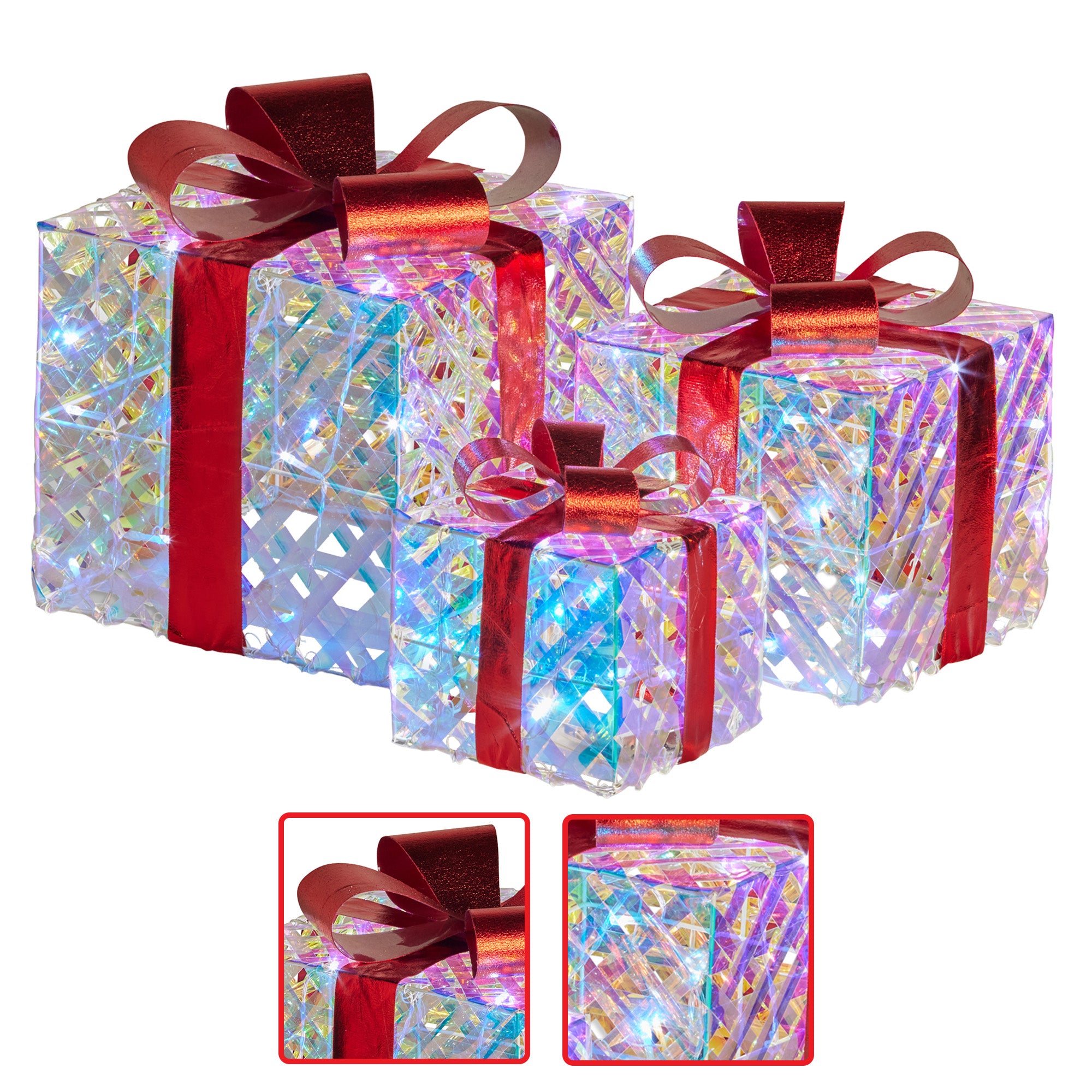 Christabelle Set of 3 Christmas Gift Boxes With Lights - Clear Shimmer With Red Bows
