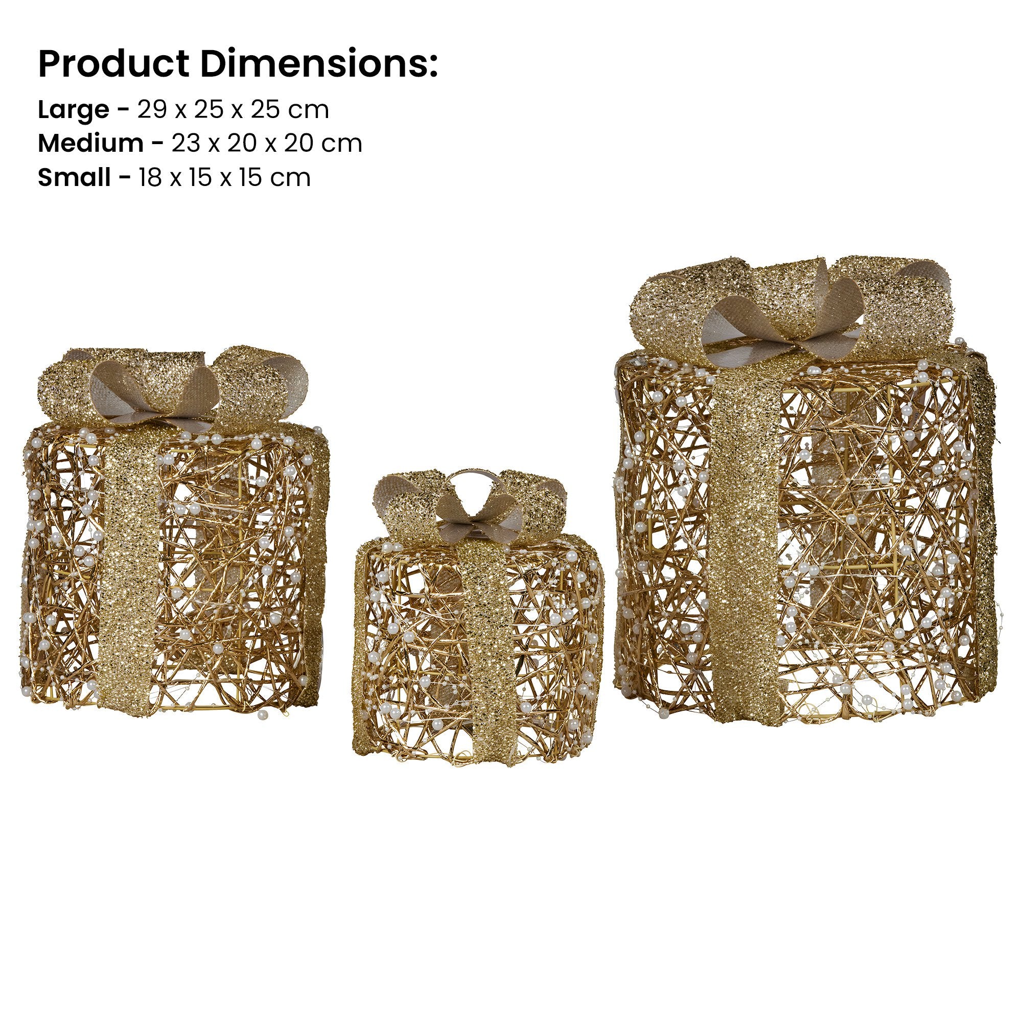 Christabelle Set of 3 Christmas Gift Box Display Gold with LED Lights and Bows Decoration Ornament Present