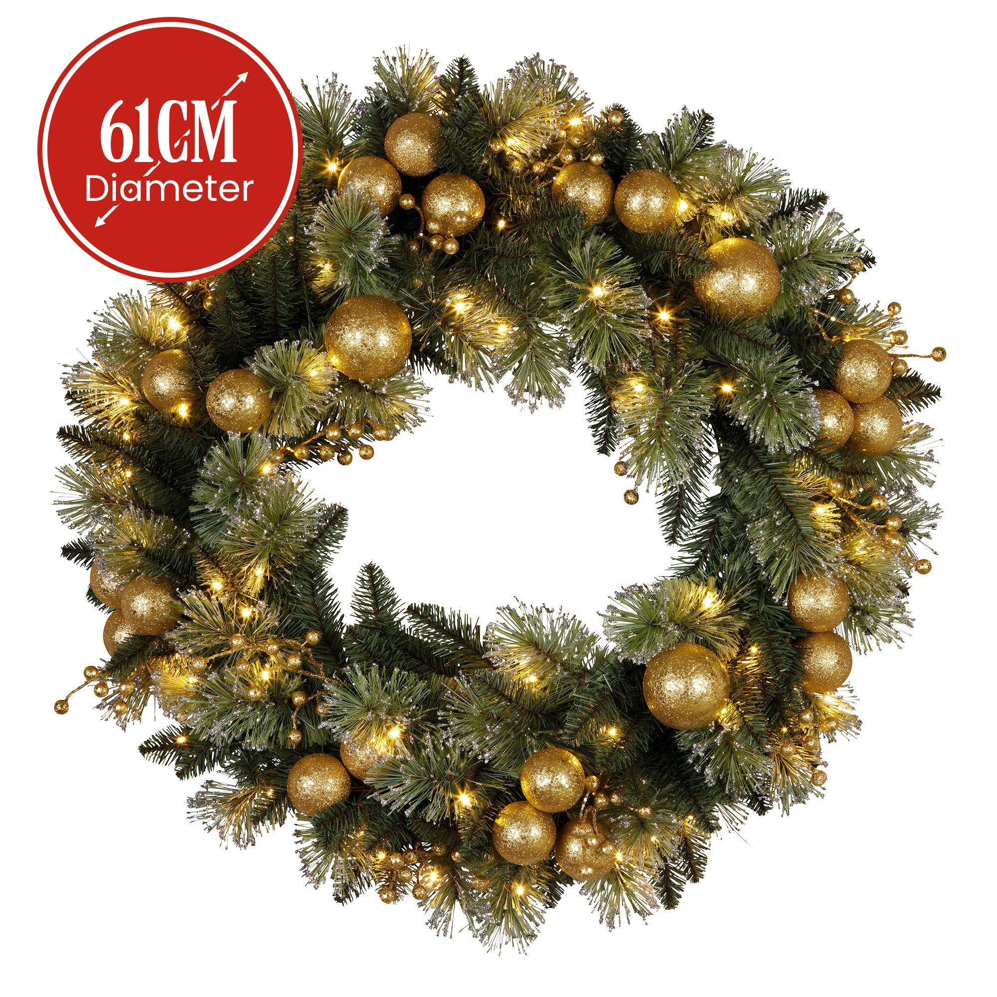 Christabelle 61cm Christmas Wreath Glittery Tipped with LED Lights and Golden Baubles Front Door Decoration Ornament
