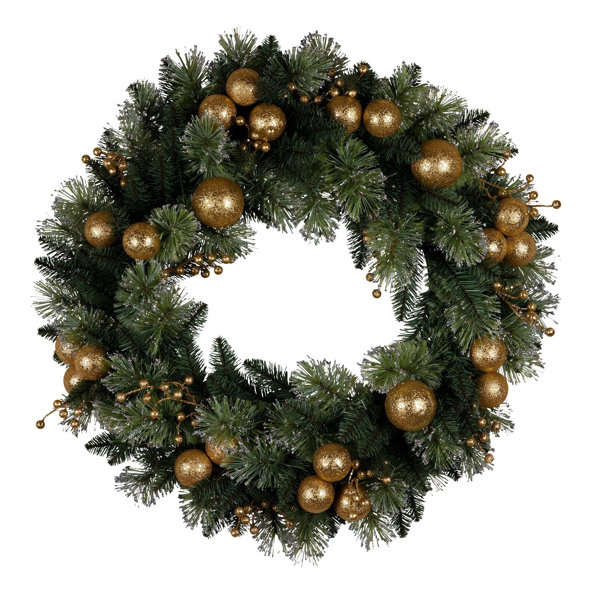Christabelle 61cm Christmas Wreath Glittery Tipped with LED Lights and Golden Baubles Front Door Decoration Ornament