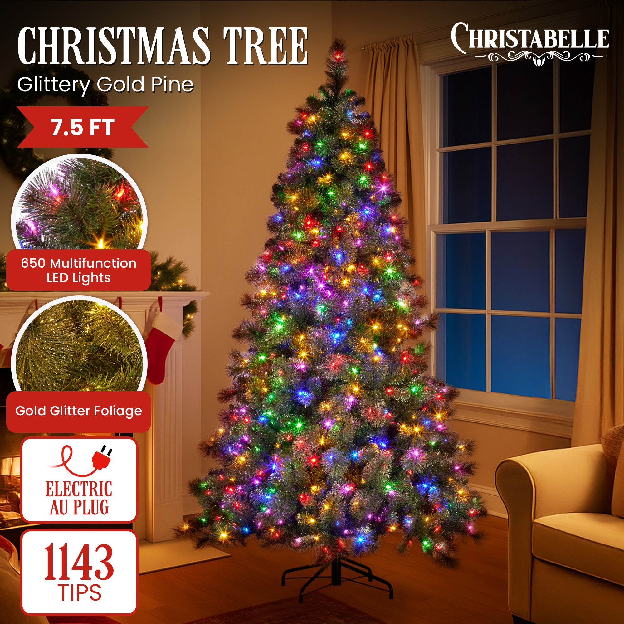 Christabelle 7.5ft Christmas Tree Glittery Gold Pine Led Multi-functional Lights