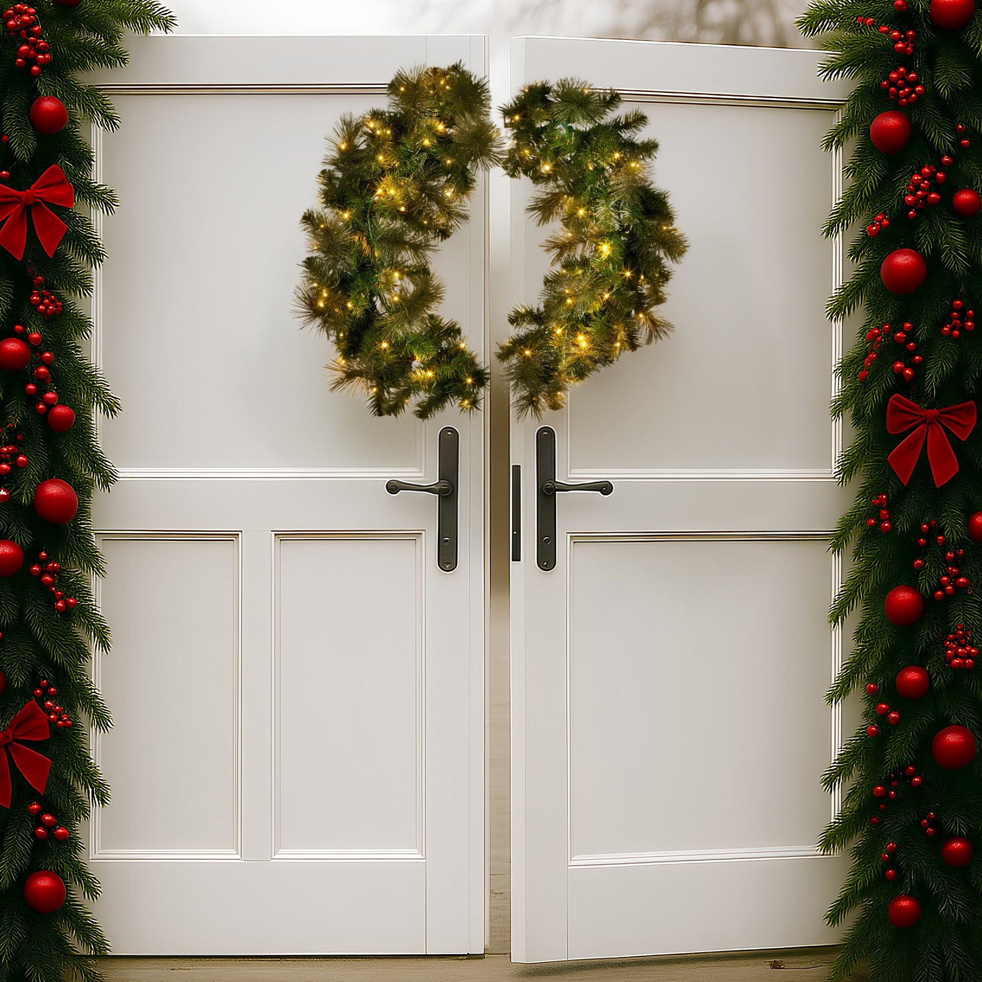 Christabelle 76cm Split Christmas Wreath with LED Lights for Double Front Doors Decoration