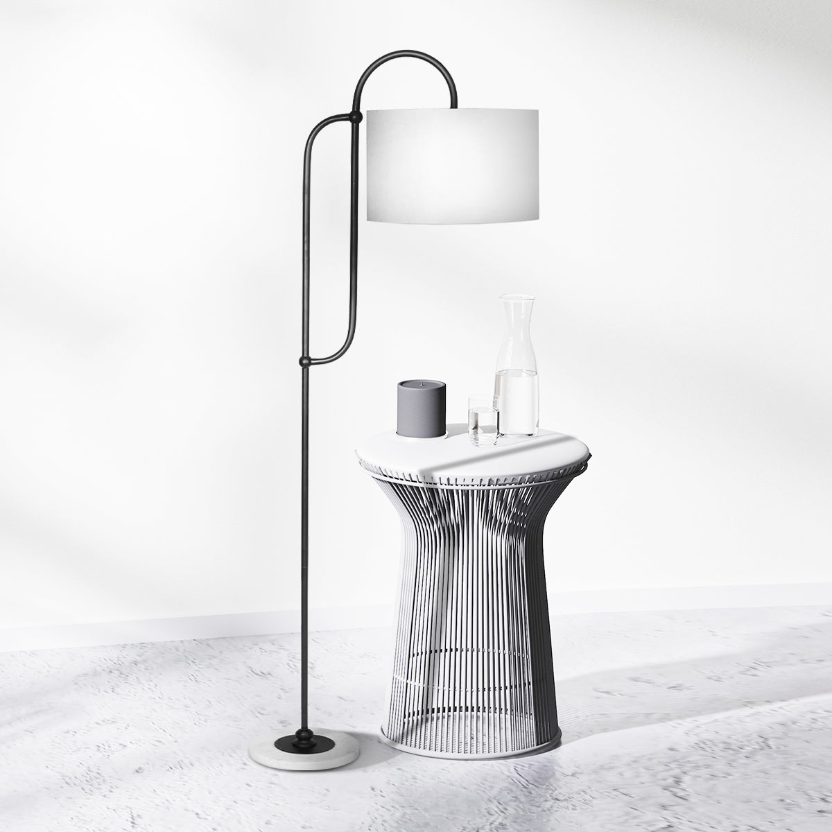Sarantino Metal Floor Lamp with Marble Base & Ghost-White Shade