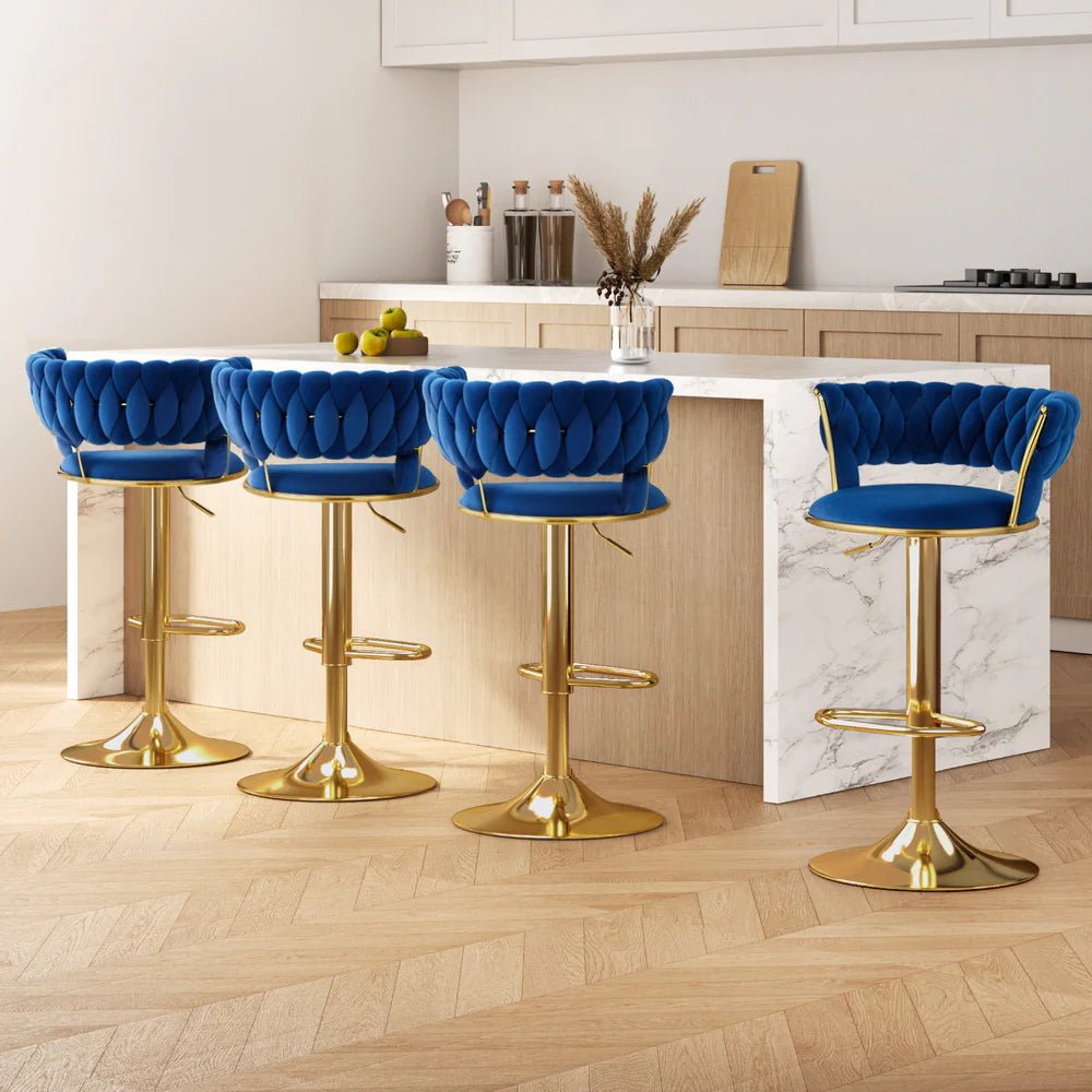 2x Height Adjustable Swivel Bar Stool Velvet Golden Base Barstools Chairs Padded Seat- Blue
