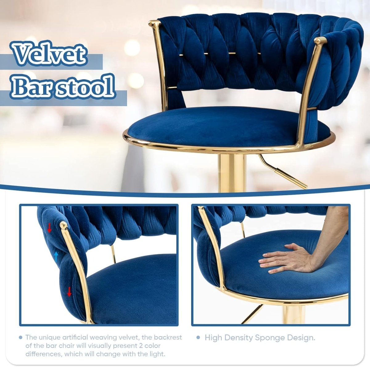 2x Height Adjustable Swivel Bar Stool Velvet Golden Base Barstools Chairs Padded Seat- Blue