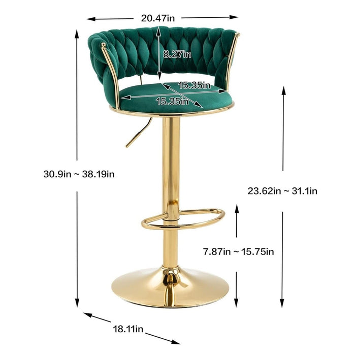 2x Height Adjustable Swivel Bar Stool Velvet Golden Base Barstools Chairs Padded Seat- Green