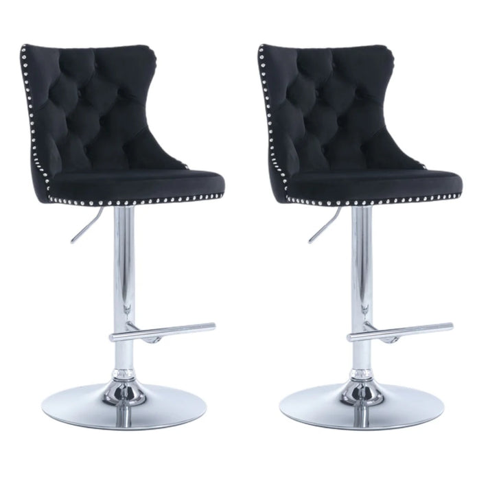 SERENITà Black Velvet Bar Stools Adjustable Swivel Counter Height Chairs with Tufted Back and Nailhead Trim for Kitchen Island Pub Restaurant (2Pcs, Chrome Metal)