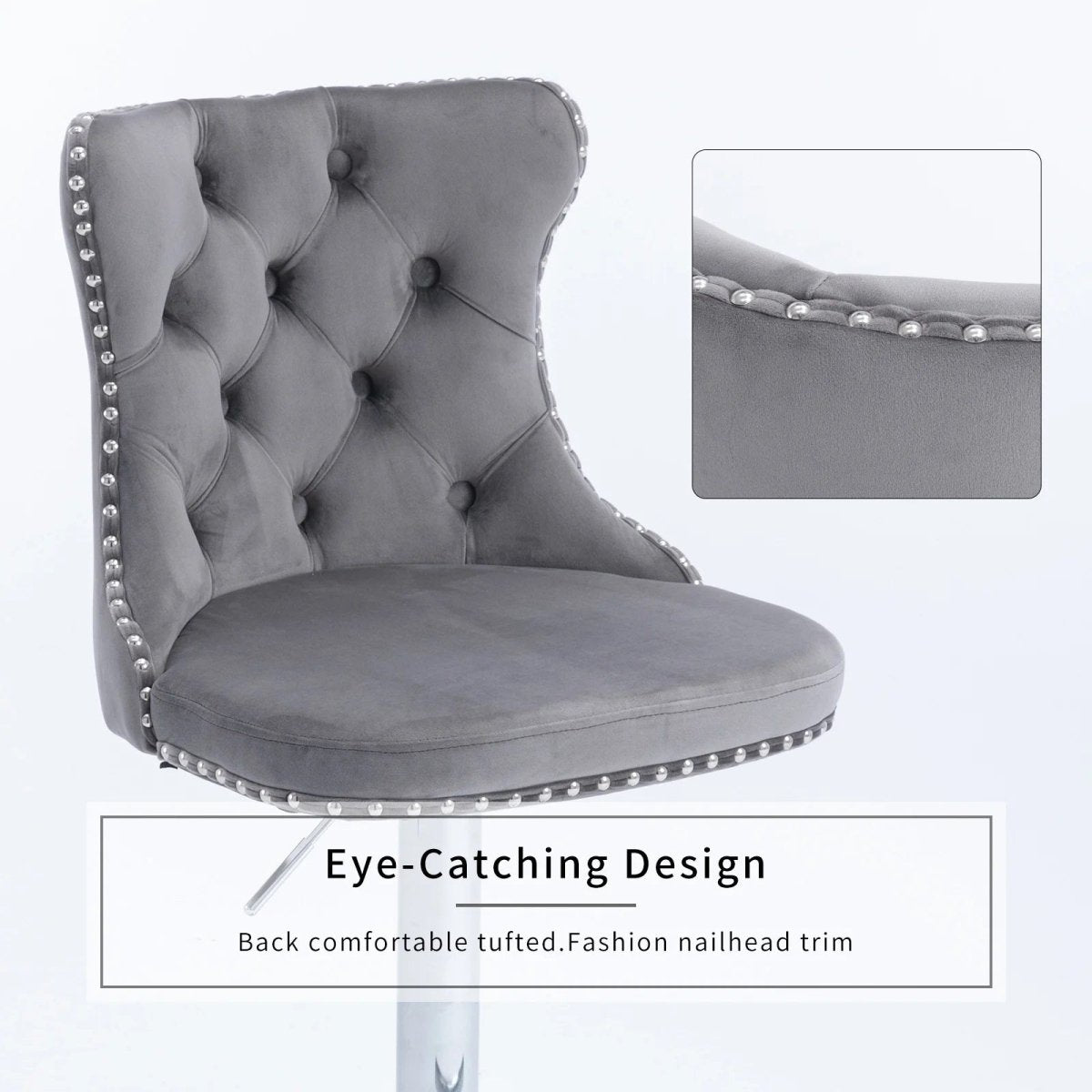 SERENITà Gray Velvet Bar Stools Adjustable Swivel Counter Height Chairs with Tufted Back and Nailhead Trim for Kitchen Island Pub Restaurant (2Pcs, Chrome Metal, Grey)