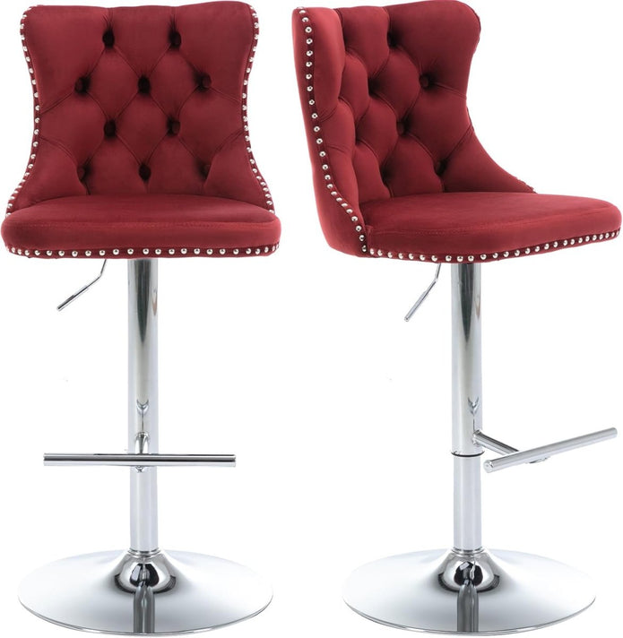 SERENITà Red Velvet Bar Stools Adjustable Swivel Counter Height Chairs with Tufted Back and Nailhead Trim for Kitchen Island Pub Restaurant (2Pcs, Chrome Metal)