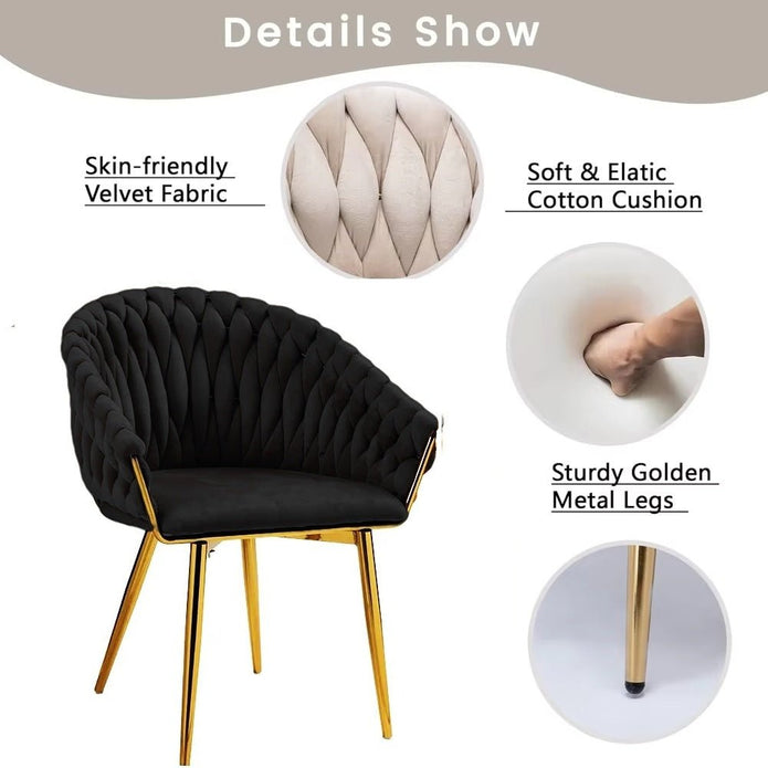 SERENITà Black Modern Velvet Dining Chairs, Upholstered Living Room Chair with Woven Back and Golden Metal Legs, Mid-Century Accent Set of 2(BLACK)