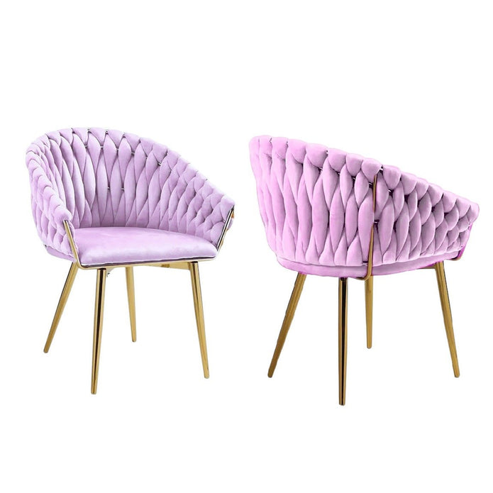 SERENITà Pink Modern Velvet Dining Chairs, Upholstered Living Room Chair with Woven Back and Golden Metal Legs, Mid-Century Accent Set of 2(Pink)