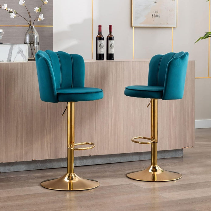 SERENITà Swivel Bar Stools Bar Height Set of 2 Adjustable Upholstered Counter Barstool Velvet Bar Chairs with Back/Gold Base for Kitchen Island/Bar/Cafe-Teal Blue