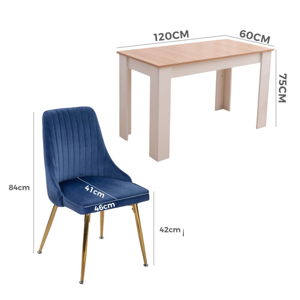 Natural Rectangular Dining Table with 4x Blue Velvet Chairs