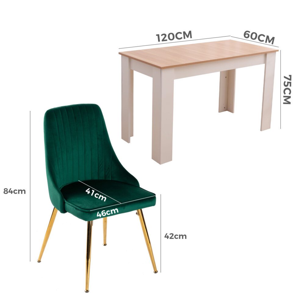 Natural Rectangular Dining Table with 4x Green Velvet Chairs