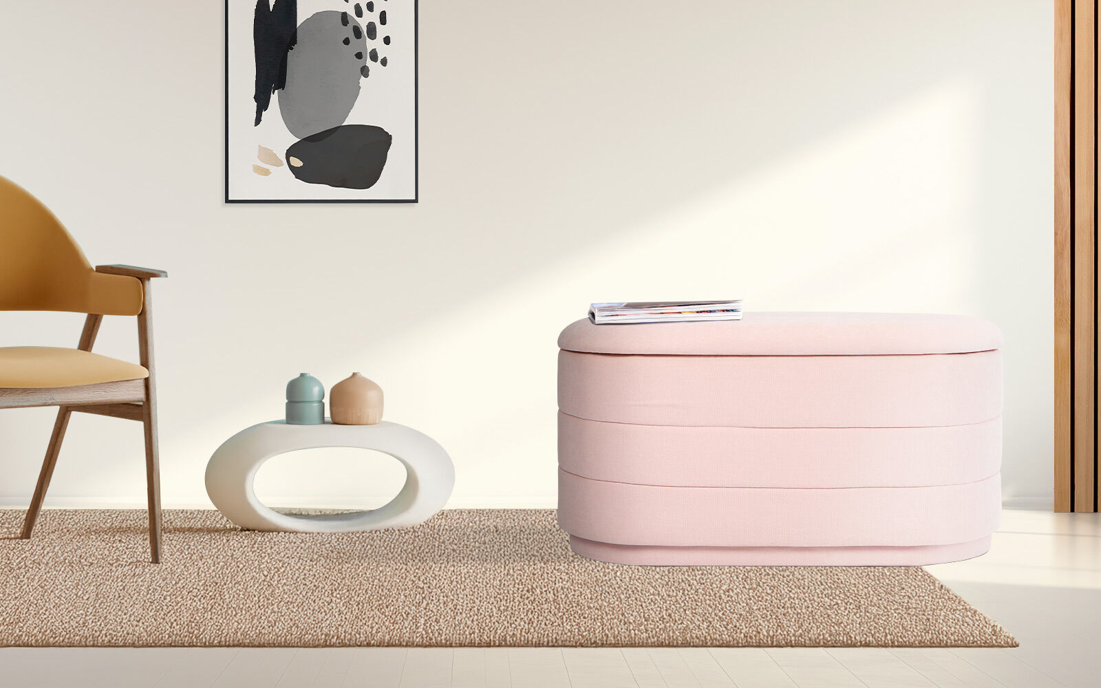 Coffee Table Storage Ottoman - Chenille Fabic Padded Blanket Box Bench CELIA - PINK