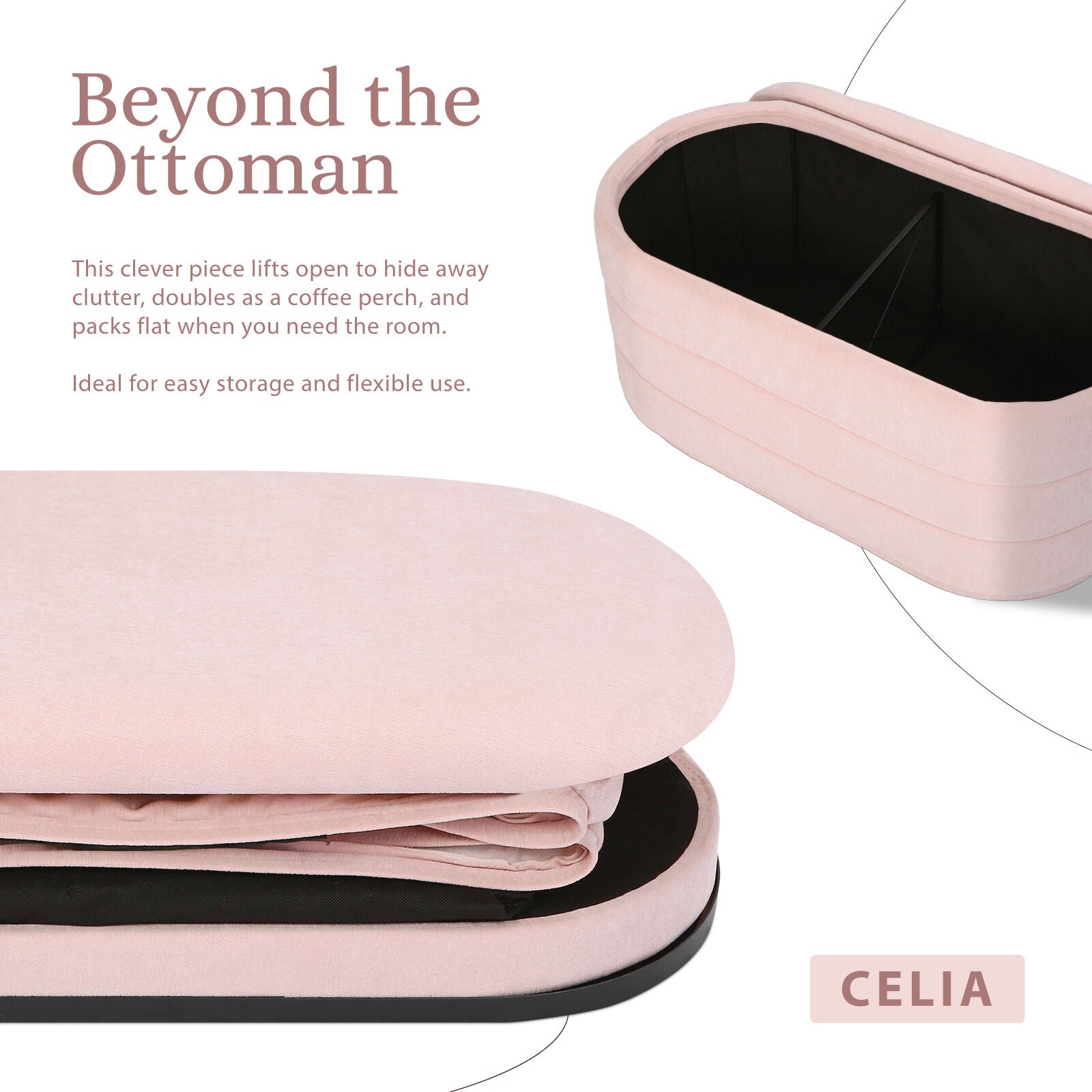 Coffee Table Storage Ottoman - Chenille Fabic Padded Blanket Box Bench CELIA - PINK