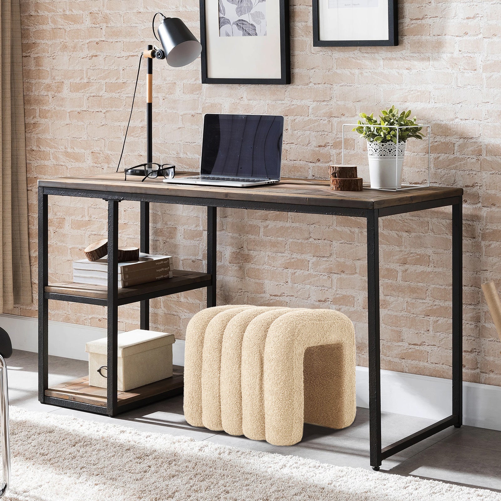 2X Ridge Arch Ottoman Stool Teddy Fleece Fabric Foot Rest 45cm BEIGE