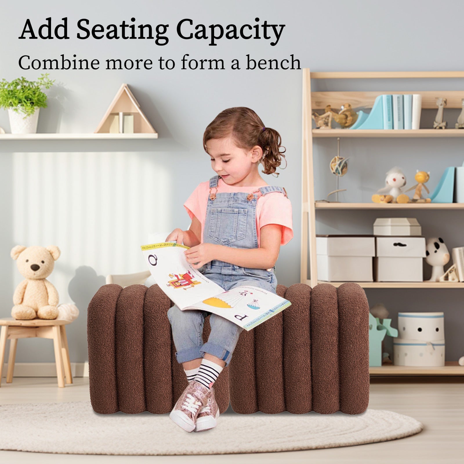 Ridge Arch Ottoman Stool Teddy Fleece Fabric Foot Rest 45cm BROWN