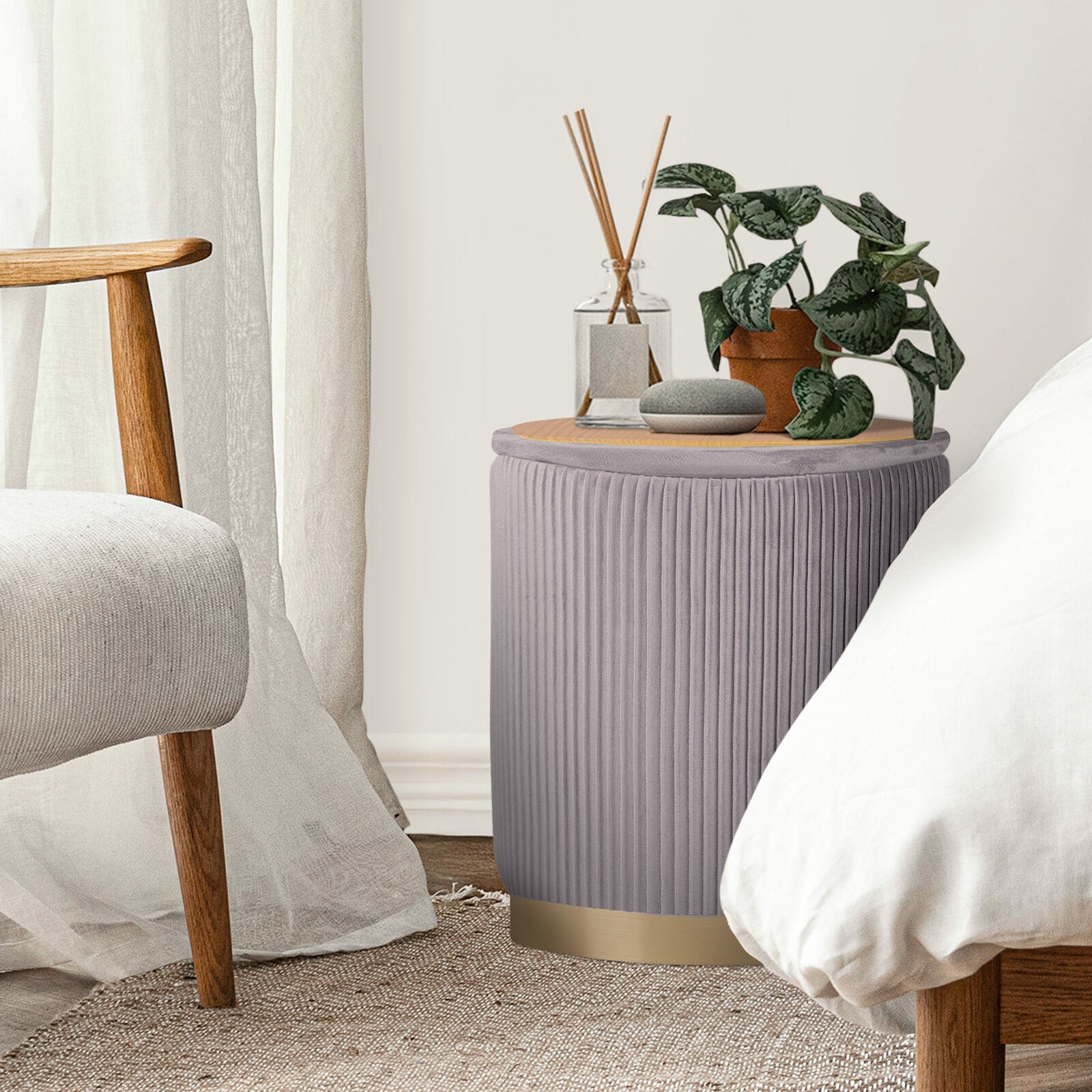 2X Side Table Storage Ottoman - Velvet Stool MIRA Grey