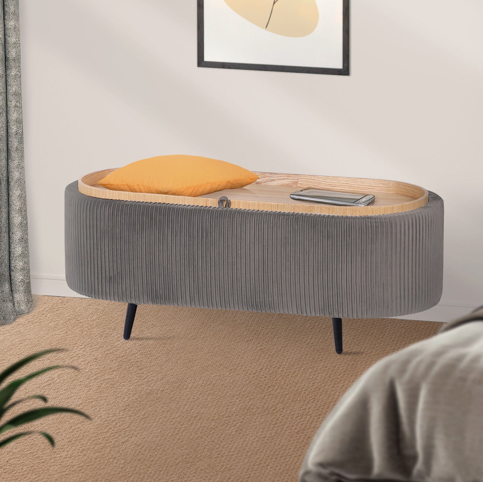 Coffee Table Storage Ottoman - Velvet Padded Blanket Box Bench IRENE GREY