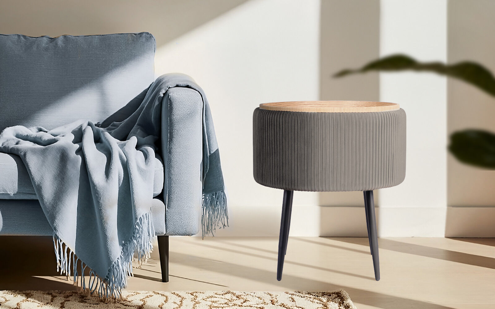 Side Table Storage Ottoman - Velvet Padded Stool Vanity Footstool CLEO GREY
