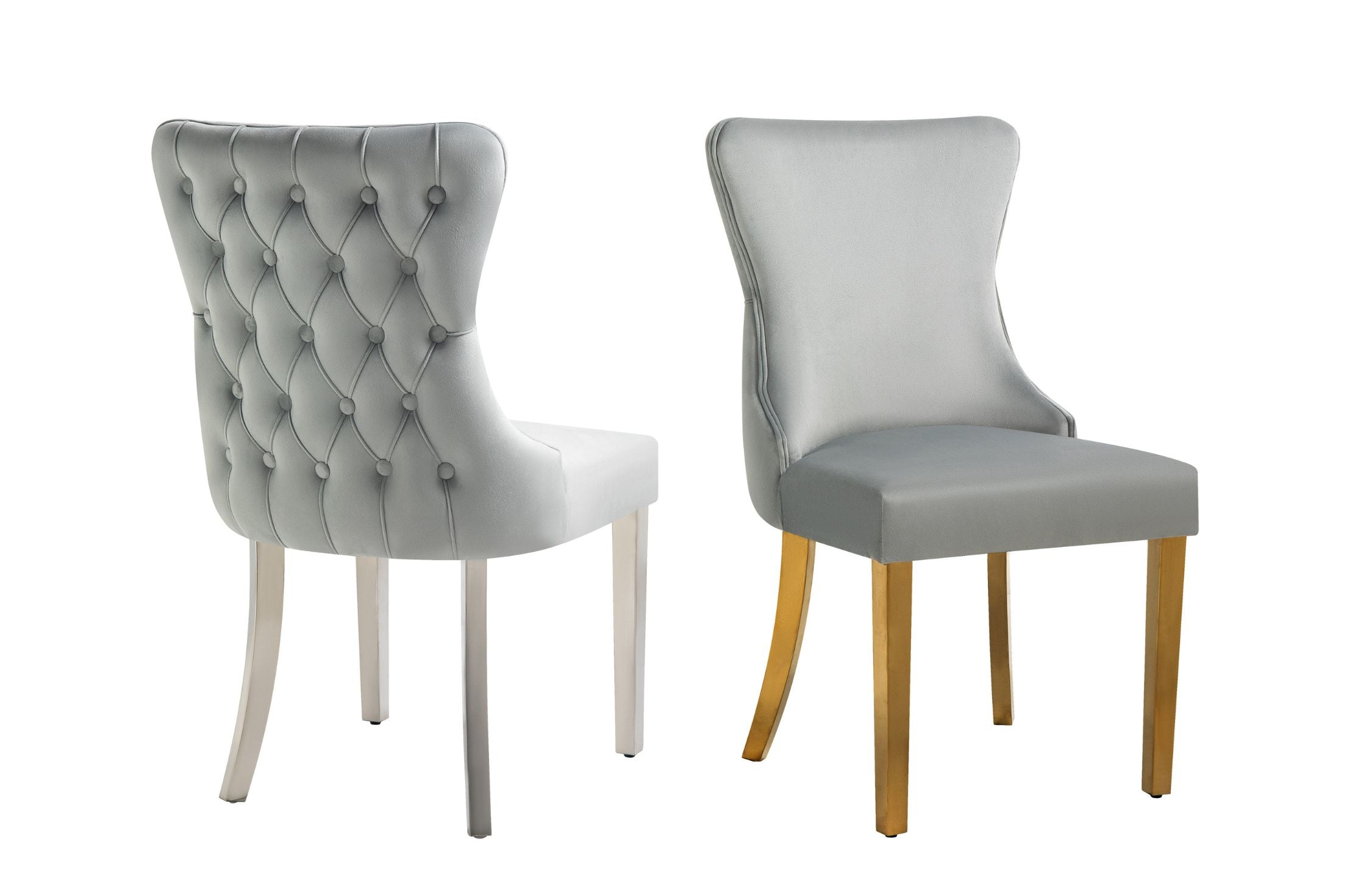 Paris Dark Grey Velvet & Silver Polished Steel Upholstered Dining Chairs Tufted Back - Set of 2