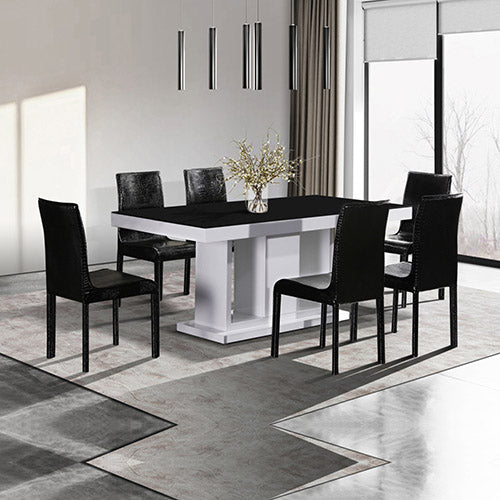 7 Pieces Dining Suite Dining Table & 6X Black Chairs in Rectangular Shape High Glossy MDF Wooden Base Combination of Black & White Colour