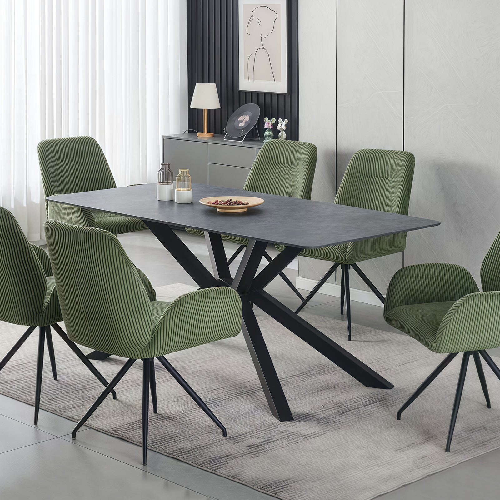 Dining Table Rectangular Shape Green Sintered Stone Top Powder Coated Iron Legs