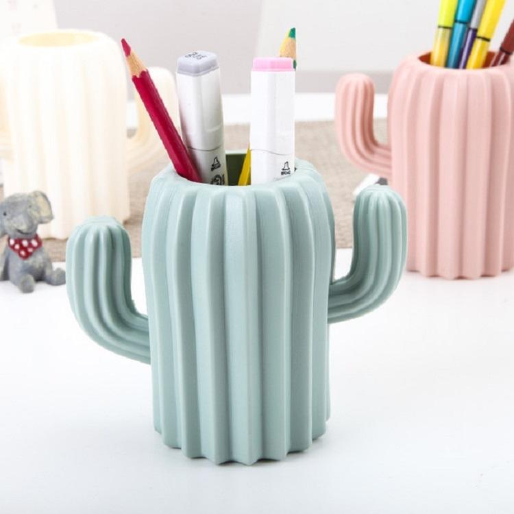Cactus-shaped Vase Creative Desktop Pen Holder for Home Decor - Milk White