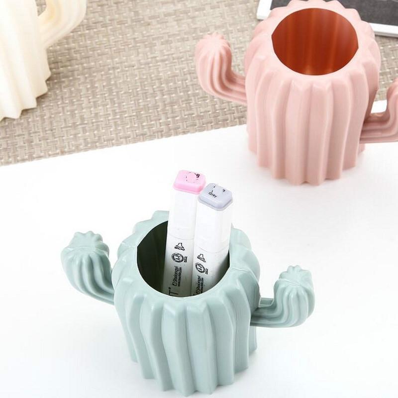 Cactus-shaped Vase Creative Desktop Pen Holder for Home Decor - Milk White