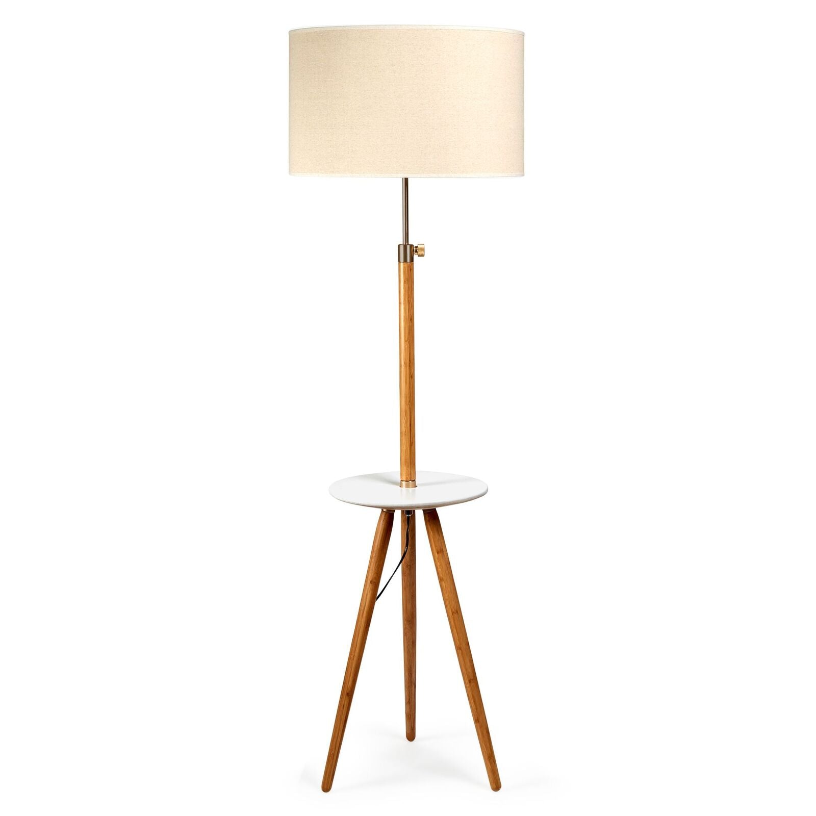 165cm Adjustable Bamboo Tripod Floor Lamp Light with Linen Shade & Built-In Table