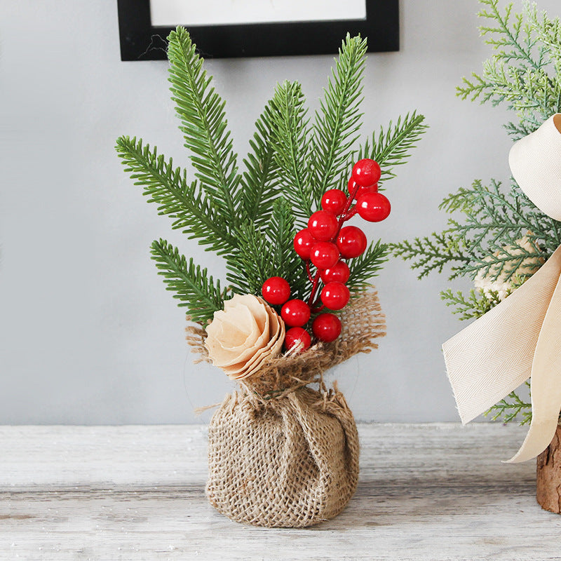 Mini Christmas Pine Tree Decoration - 10.24 Inches Tall with Red Berries and Burlap Base (4 trees)