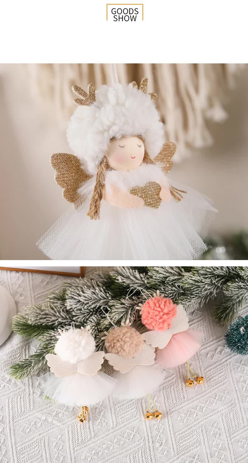 Gold and White Angel Ornament with Bells and Glitter Wings - Christmas Hanging Decoration 16*10*5cm White colour (5 pieces)