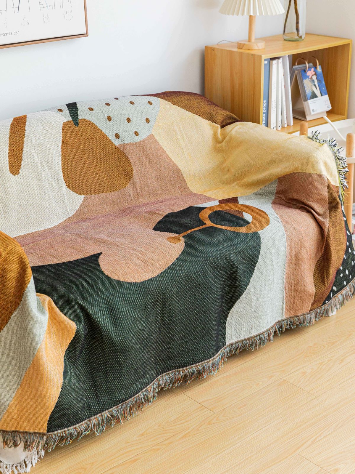 Boho Abstract Woven Blanket – 180x130cm Decorative Throw with Tassel Edges