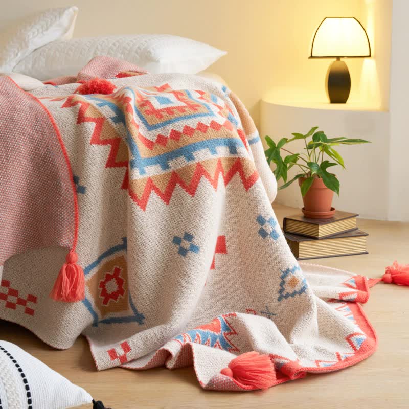 Orange Bohemian Geometric Tassel Throw Blanket - Soft Cotton Blend for Bedroom, Living Room, and Sofa 130x170cm