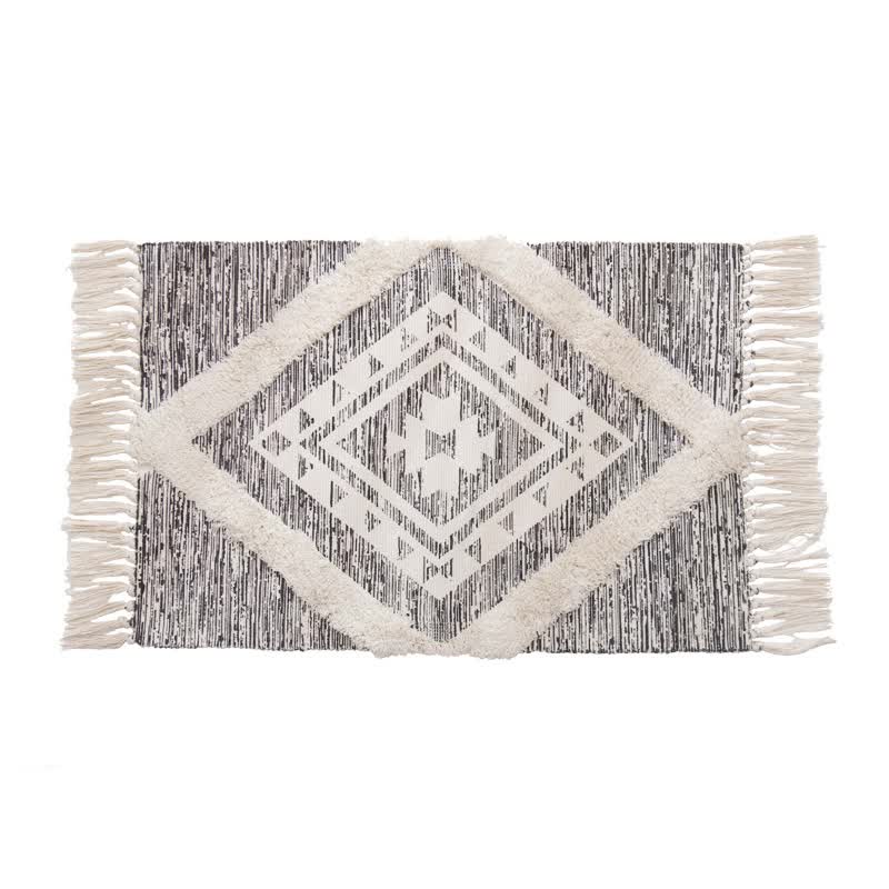 Handwoven Cotton Tassel Floor Rug for Bedroom or Living Room|Soft, Modern Geometric Design,60x90cm