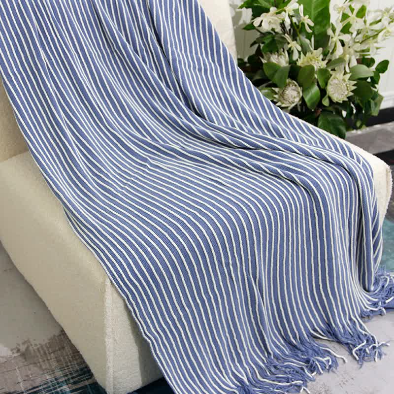 Blue Cozy Knit Throw Blanket with Fringe – Stylish Striped Bed End Cover, 127x170cm