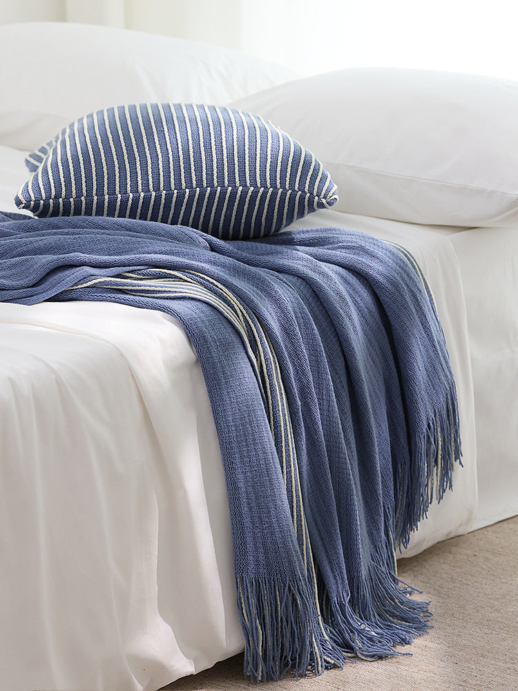 Blue Cozy Knit Throw Blanket with Fringe – Stylish Striped Bed End Cover, 127x170cm
